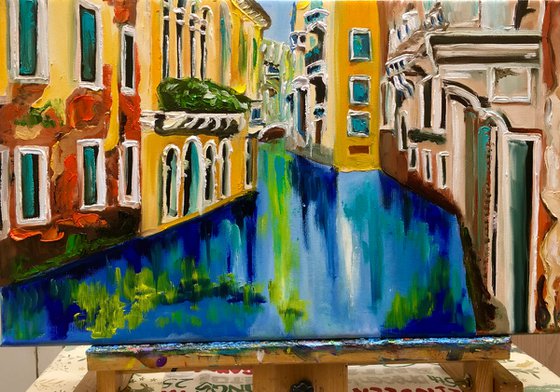 Venice #10. Canal . Water reflections. Oil painting, palette knife artwork