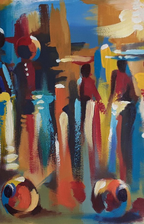 Colorful Market, African Market Art by Alex Mensah
