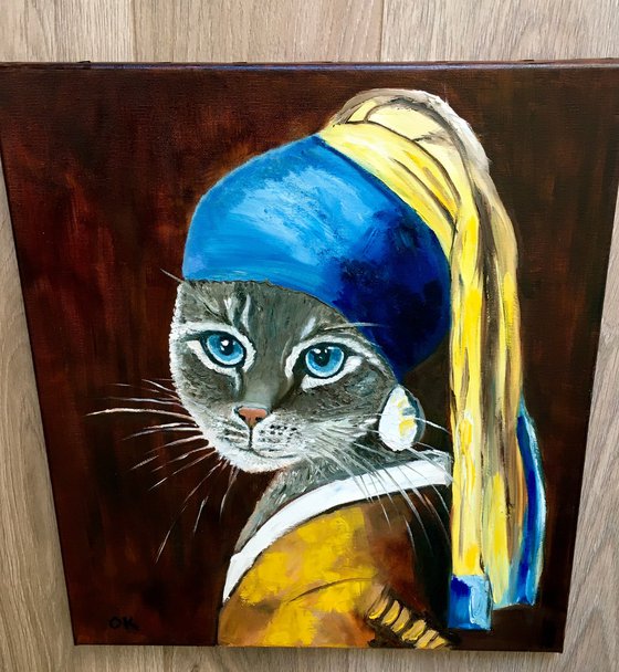 British blue Cat with the pearl earring #7  inspired by Johannes   Vermeer painting feline art for cat lovers gift idea
