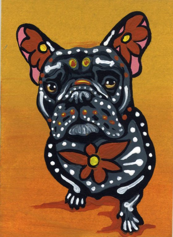 ACEO ATC Original Day of the Dead Sugar Skull Painting French Bulldog Pet Dog Art-Carla Smale