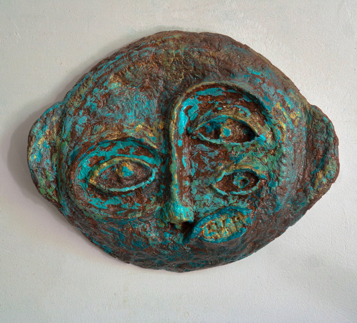 Abstract Portrait Sculpture By Liubov Ro, 11 X 9", Blue Face, Original Artwork