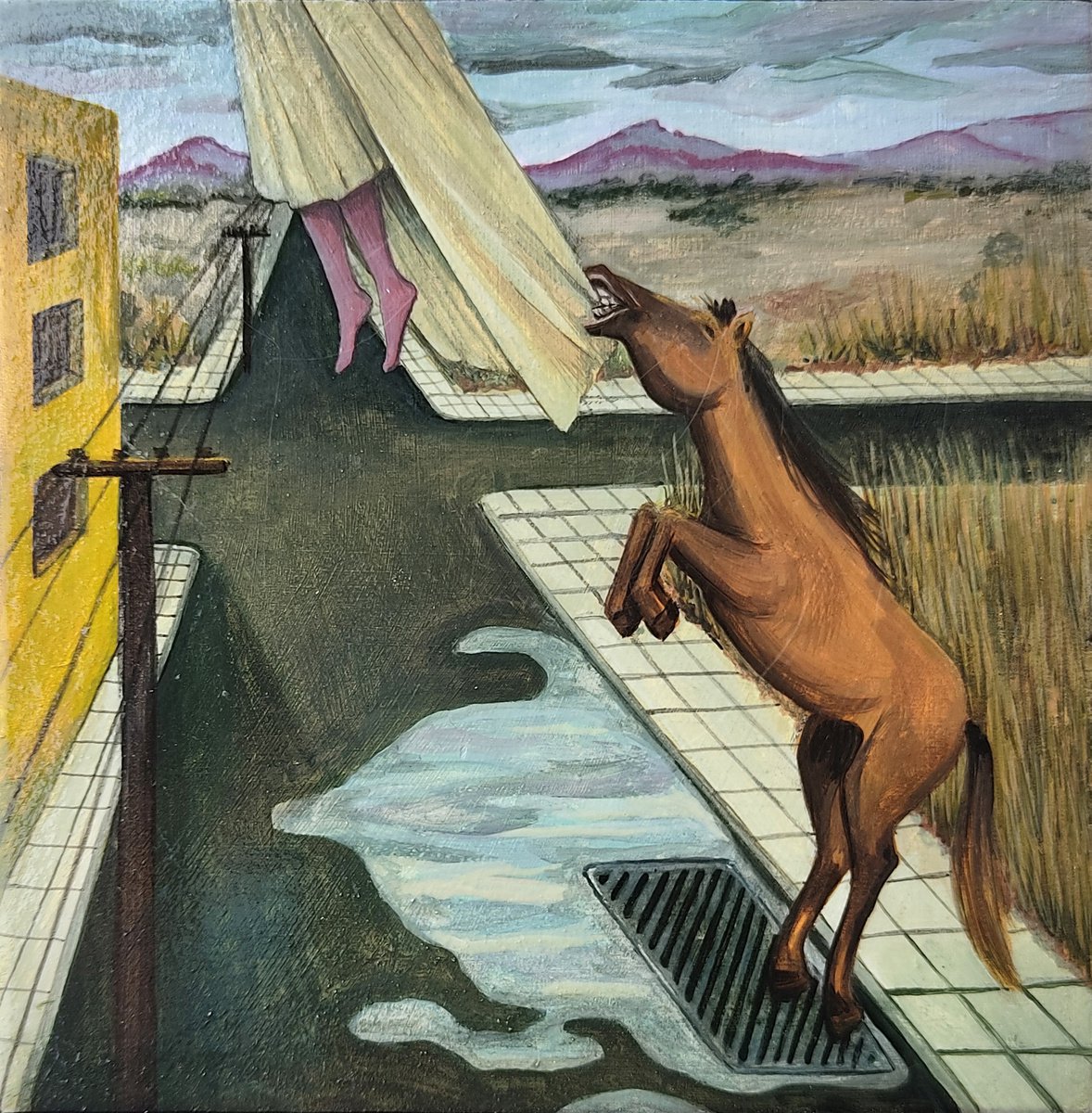 Surrealistic Landscape Painting By Andromachi Giannopoulou, 6 X 6, Suburb, Original Artwork