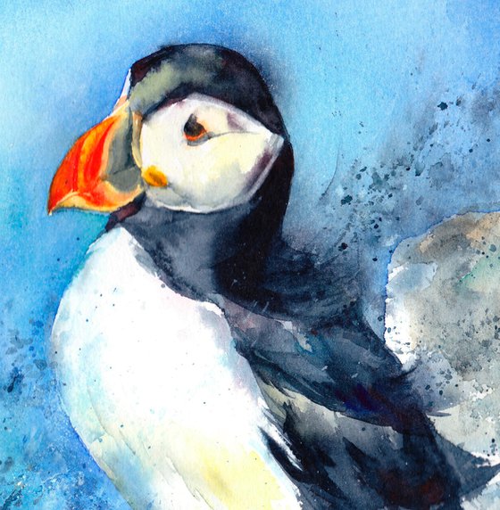 Puffin painting, Puffin in Sea Spray, Puffin in watercolour, Original Watercolour Bird painting, Puffin Art