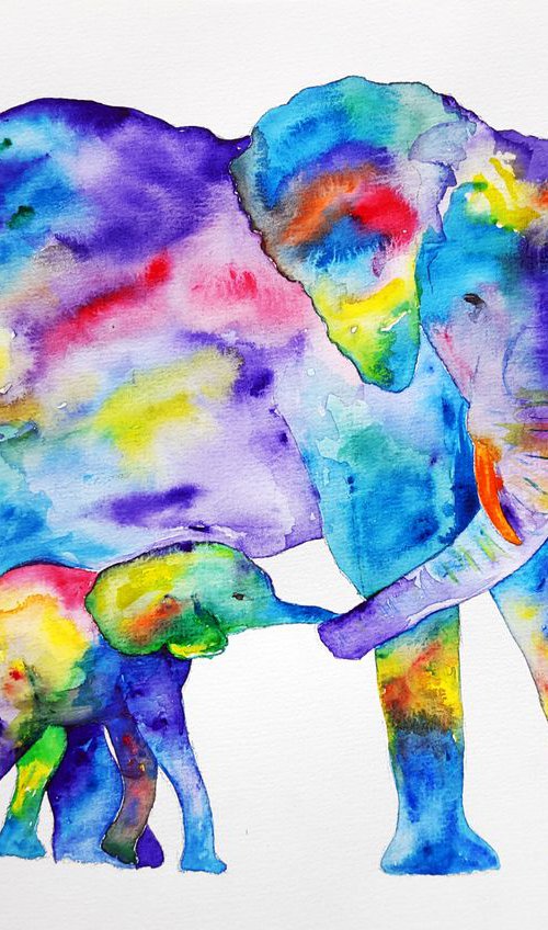 Family of elephants, watercolor by Luba Ostroushko