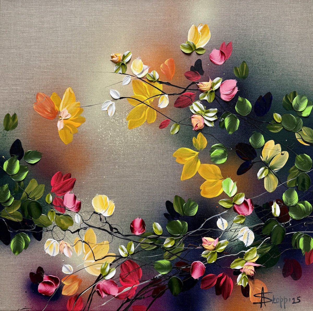 Expressive Botanical Acrylic Painting By Anastassia Skopp, 24 X 24, Autumn Palette Iii, Original Artwork