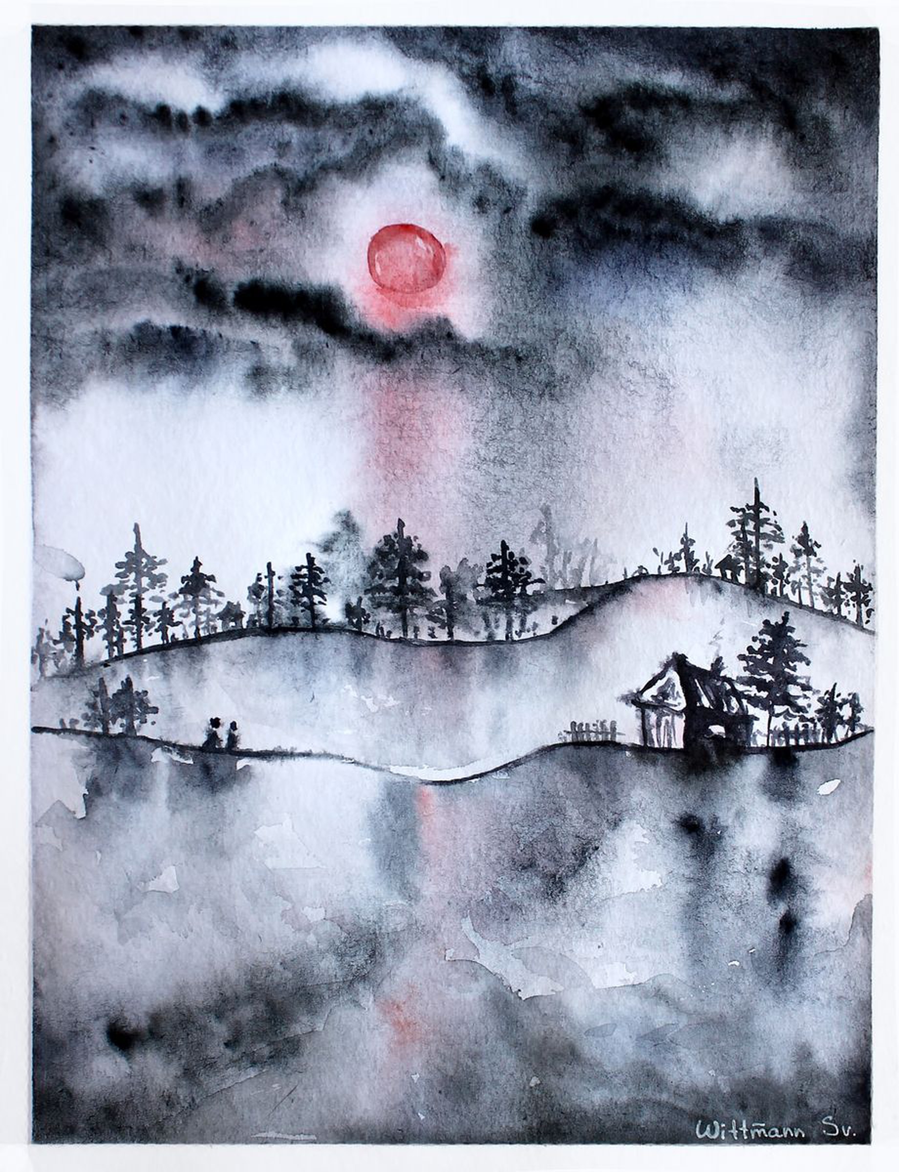 Watercolor Night Landscape With Red Moon 21x27 C Artfinder