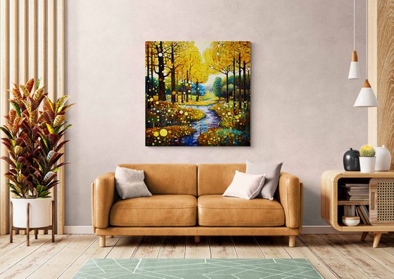 Warm green gold forest and calm river with light reflections and bright sunbeams in Klimt style. Hanging large positive relax colorful wall art for home decor