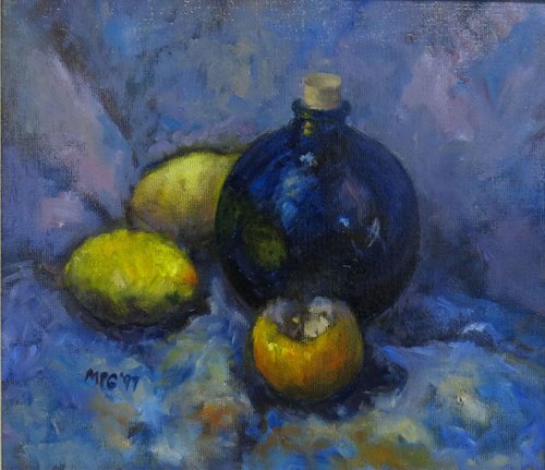 Blue bowl, pomegranite and lemons by Maureen Greenwood