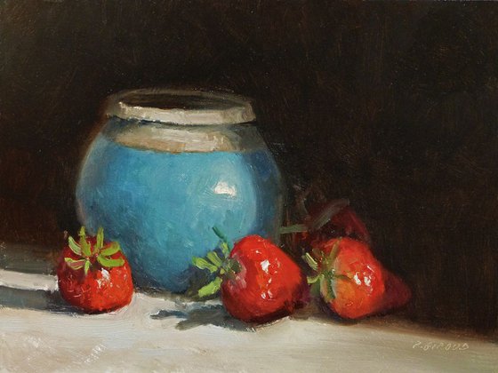 Strawberries and a Blue Pot