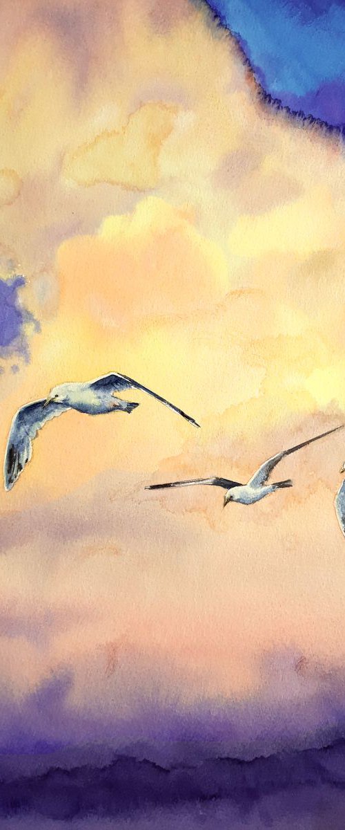 3 Seagulls In Flight -  Seagul by Olga Beliaeva Watercolour