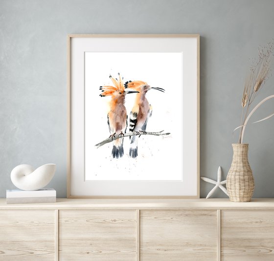 Two Hoopoes  - Original Watercolor Painting