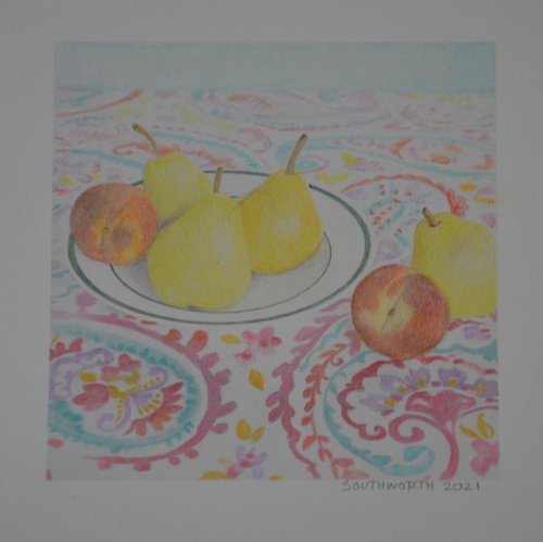 Miniature Still Life "Pears, Peaches & Paisley" by Linda Southworth