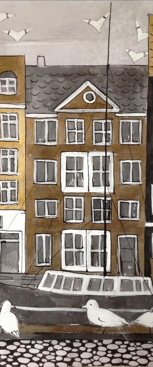 Copenhagen cityscape buildings boat Denmmart original drawing by Nataliia Nosyk