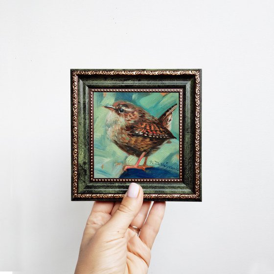 Wren bird painting original 4x4, Mini bird art in frame, Tiny bird artwork in oil, Beige bird painted