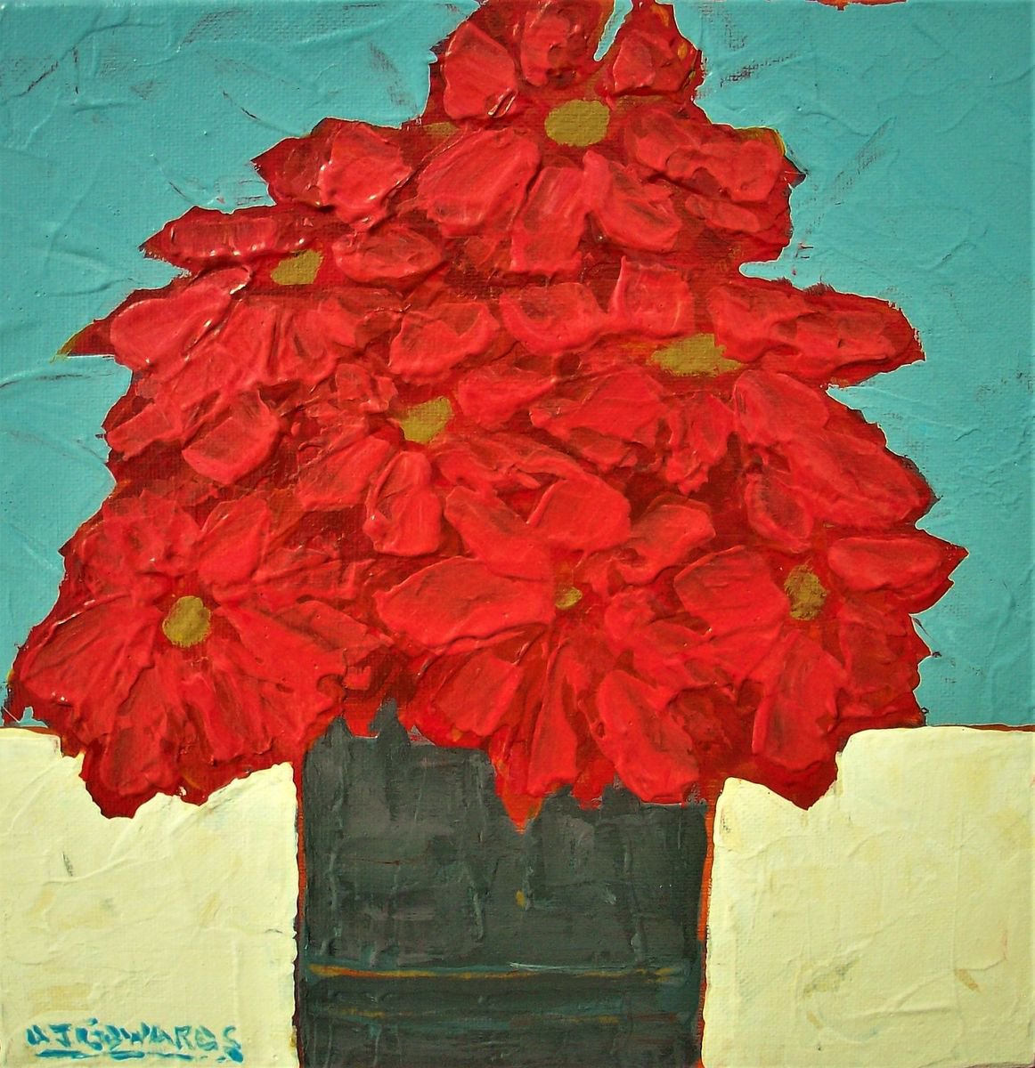 Impressionistic Botanical Acrylic Painting By David J Edwards, 10 X 10, Spring Reds, Original Artwork