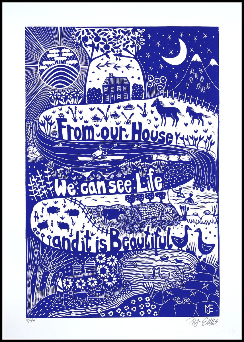 Illustrative Landscape Linocut By Mariann Johansen-Ellis, 20 X 27", Life Is Beautiful, Original Artwork