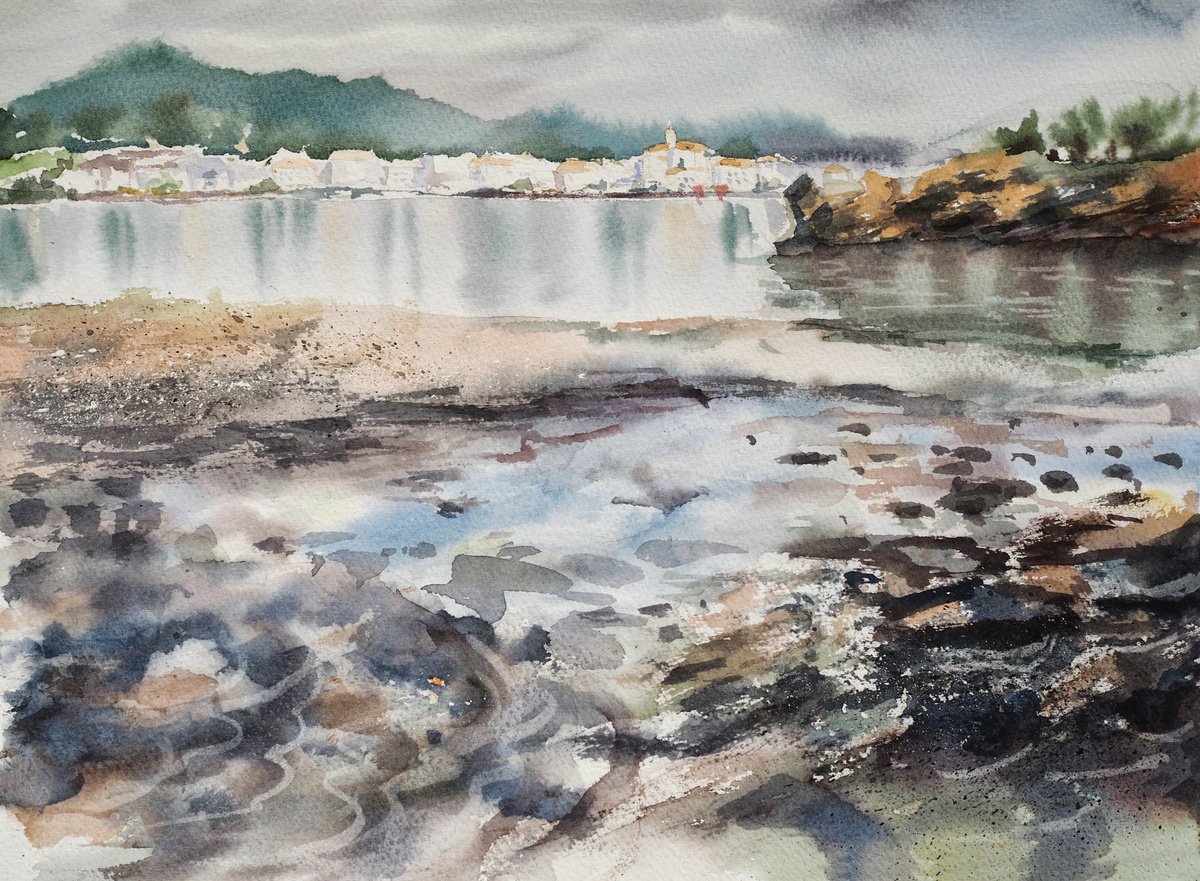 Impressionistic Landscape Watercolour By Delnara El, 15 X 11, Seaview Of Cadaques, Spain, Original Artwork