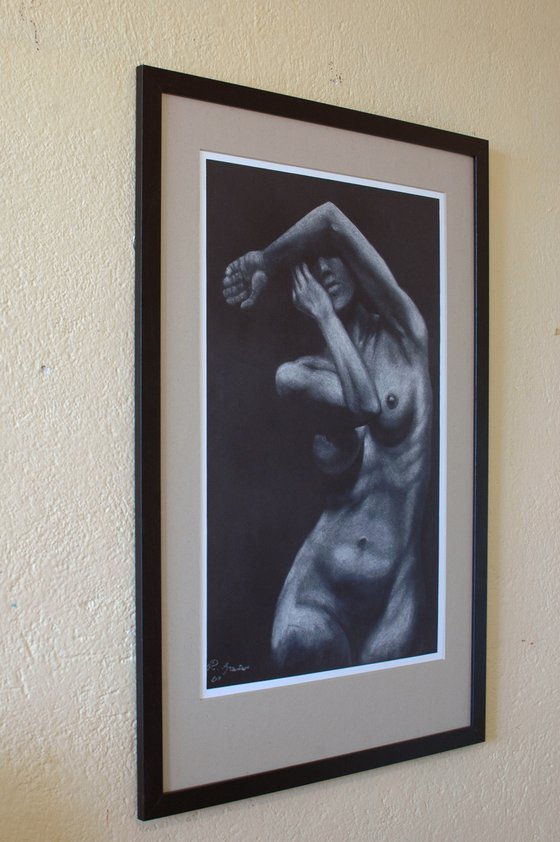 White pastel on black.