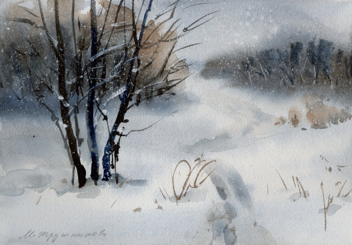 Snowing. Winter landscape. Watercolour by Marina Trushnikova by Marina Trushnikova