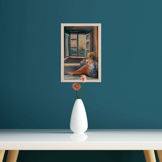 Oil painting Woman with a cup of tea near the window