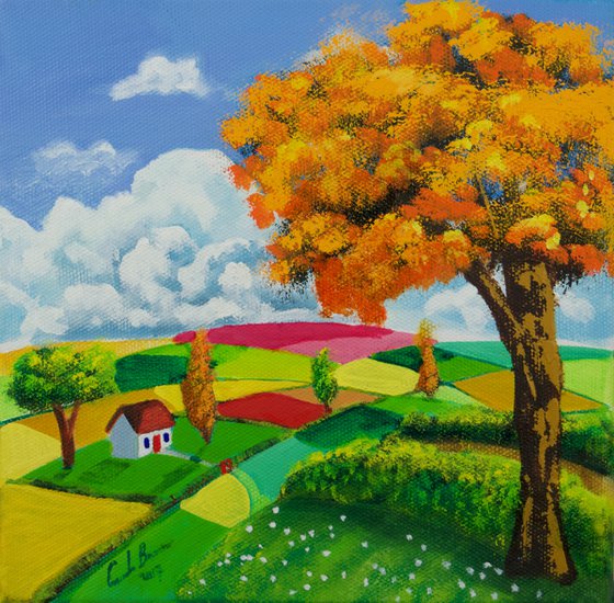 House and an orange tree folk art oil painting on canvas