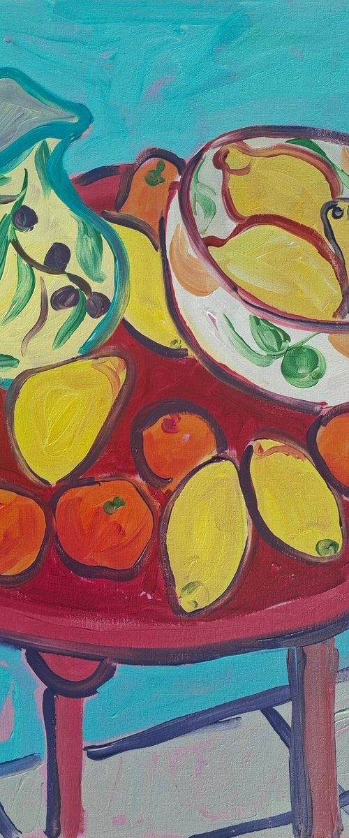 Still Life with Citrus and Red Table II by Kirsty Wain