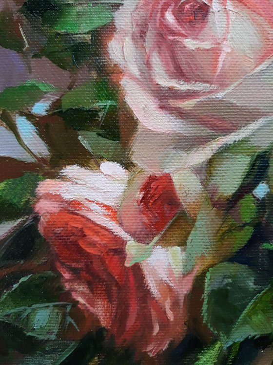 Roses flowers garden, floral oil painting on canvas