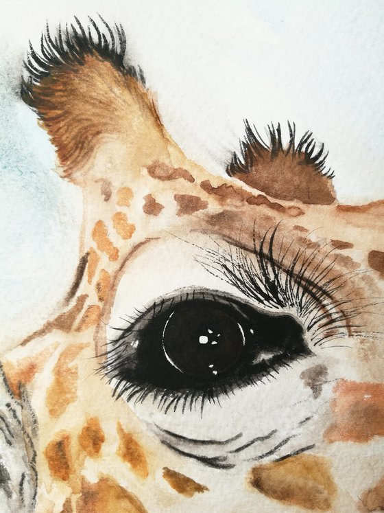 Up Above. Watercolour Giraffe Painting on Paper. 59.4cm x 42cm. Free Worldwide Shipping.