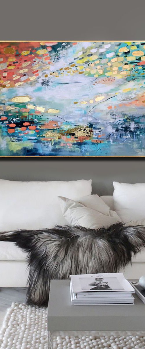 Emerald Wave - Abstract Painting 60" x 30" Large Abstract Gold Leaf Soft Colors White Gray Painting by Lana Guise