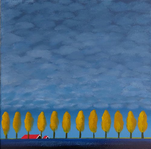 Red roofs, golden trees (Mondriaan inspired) by Nelly van Nieuwenhuijzen