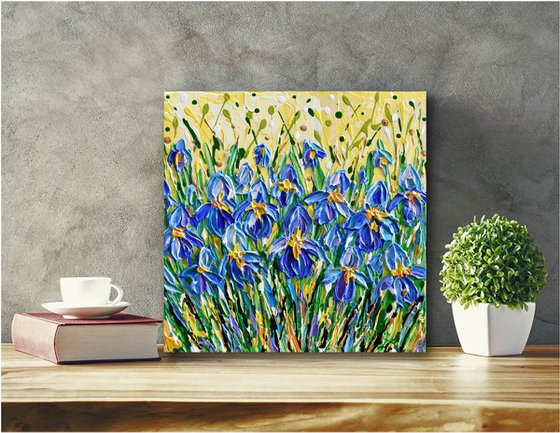 Irises - Deep impasto original floral painting, palette knife blue flowers art