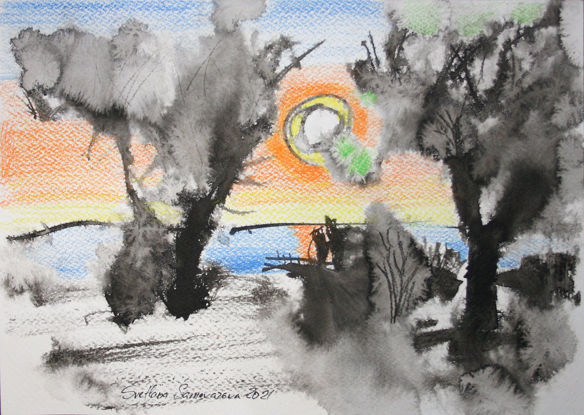 Abstract Landscape Ink Drawing By Salana Art / Svetlana Samovarova, 12 X 8", Abstract Landscape I, Original Artwork