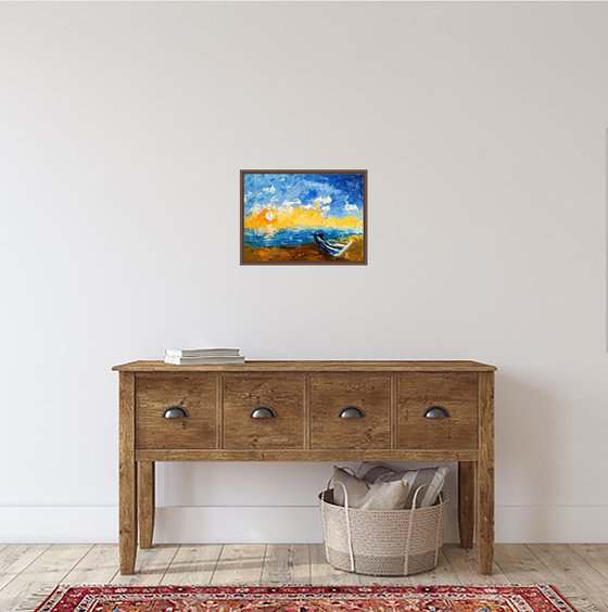 Row Boat Painting Nautical Original Art Maritime Oil Artwork Seascape Impasto Palette Knife Home Wall Art 16 by 12" by Halyna Kirichenko