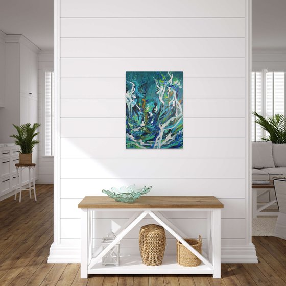 Abstract Flowers. Floral Garden. Abstract Tropical Forest Original Blue Painting on Canvas 46x61cm Modern Art