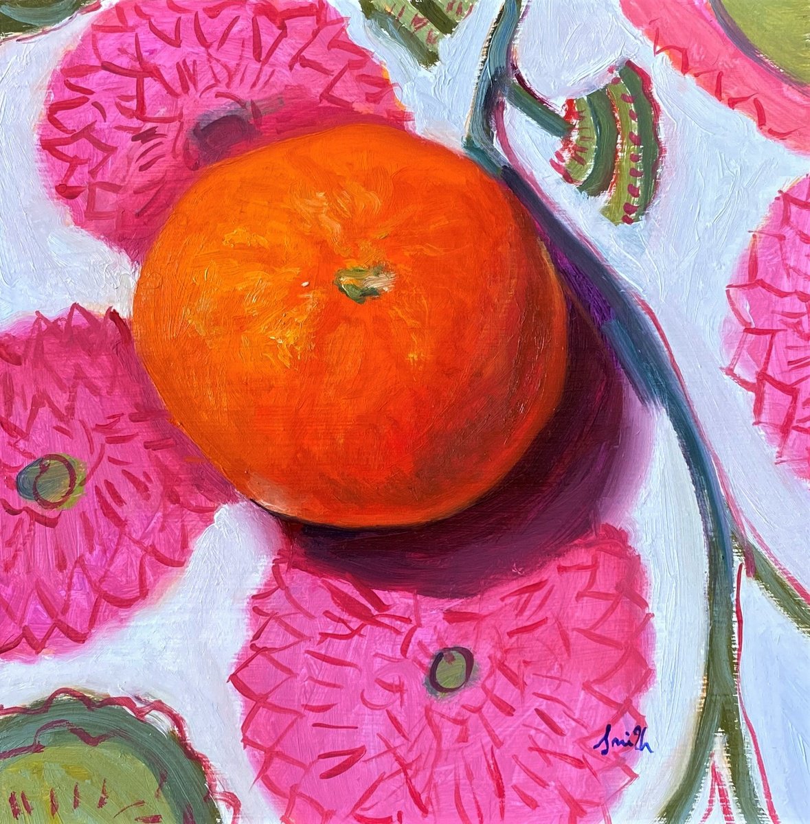 Orange Still Life original oil realism painting, with wooden frame. by Jackie Smith