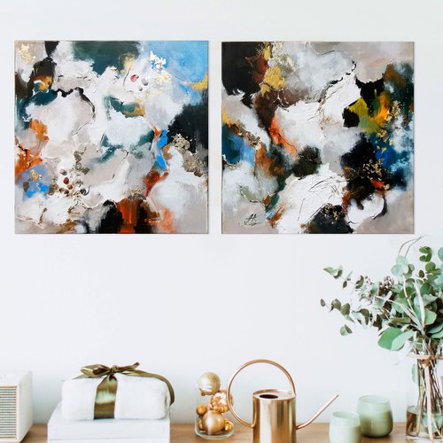 Diptych of paintings with texture. Abstract gold & blue painting by Annet Loginova