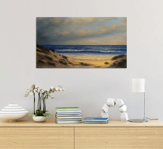 Wild Beach - seascape painting, coastal art, sunset, wave, sand