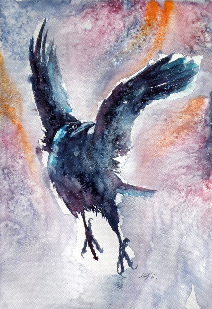 Impressionistic Animal Watercolour By Kovacs Anna Brigitta, 10 X 15", Crow In Autumn Iii, Original Artwork