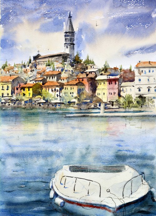 Old town skyline with boat Rovigno Croatia 25x36cm 2022 by Nenad Kojić watercolorist