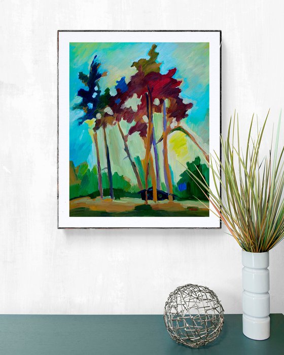 THE EVENING SUN - expressive landscape oil painting with colored trees and evening sky gift idea home decor