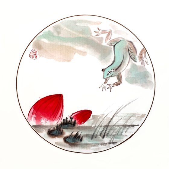 Frog jumping into the pond in a circle  - Oriental Chinese Ink Painting