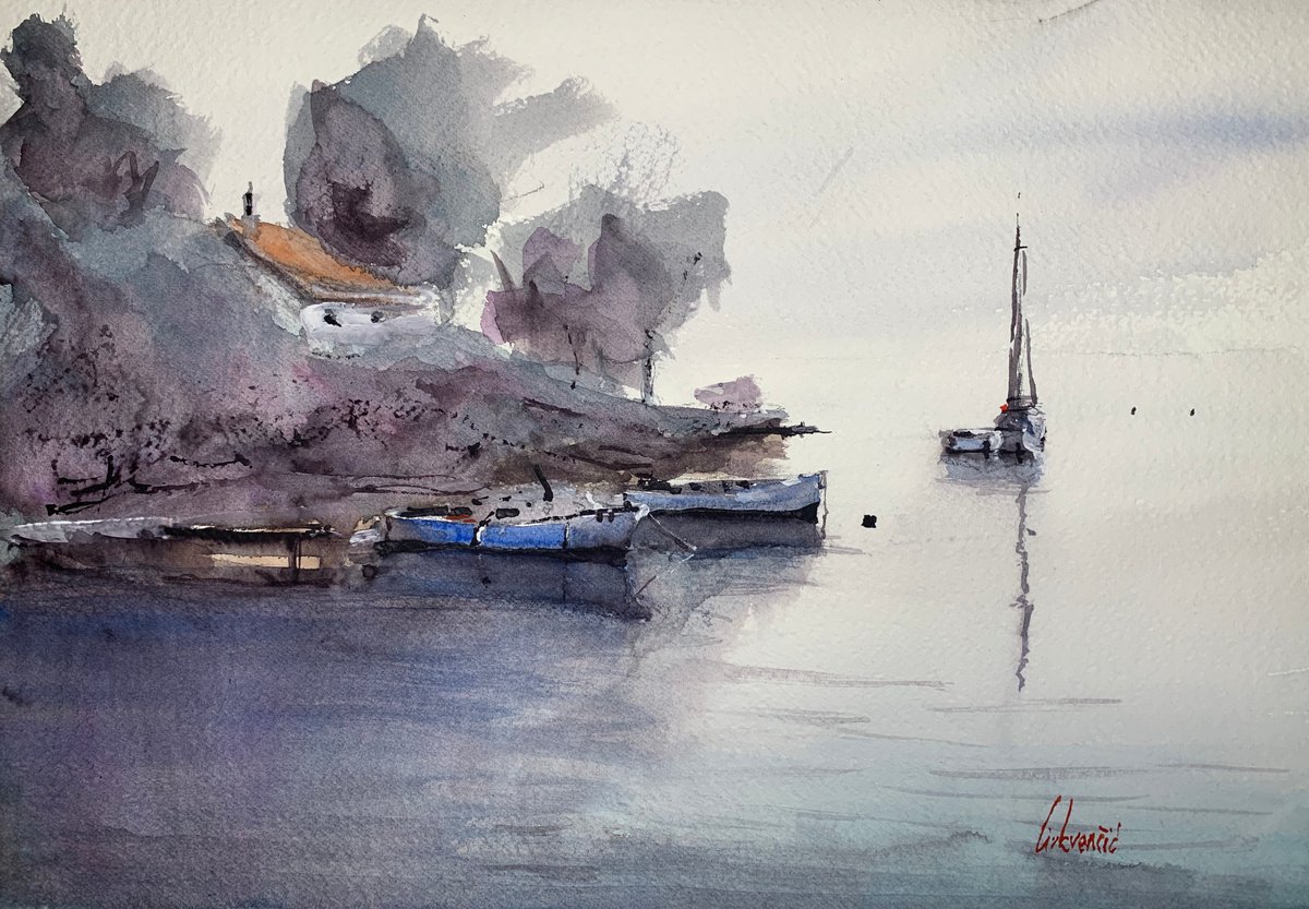 Impressionistic Landscape Watercolour By Tihomir Cirkvencic, 14 X 10", Calm Morning And Boats, Original Artwork