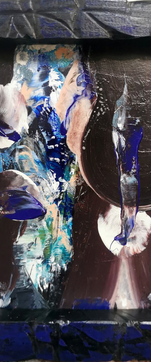 Framed small size abstract dark blue still life O Kloska by Kloska Ovidiu
