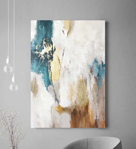 "Emerald Flow" Teal brown gold abstract art