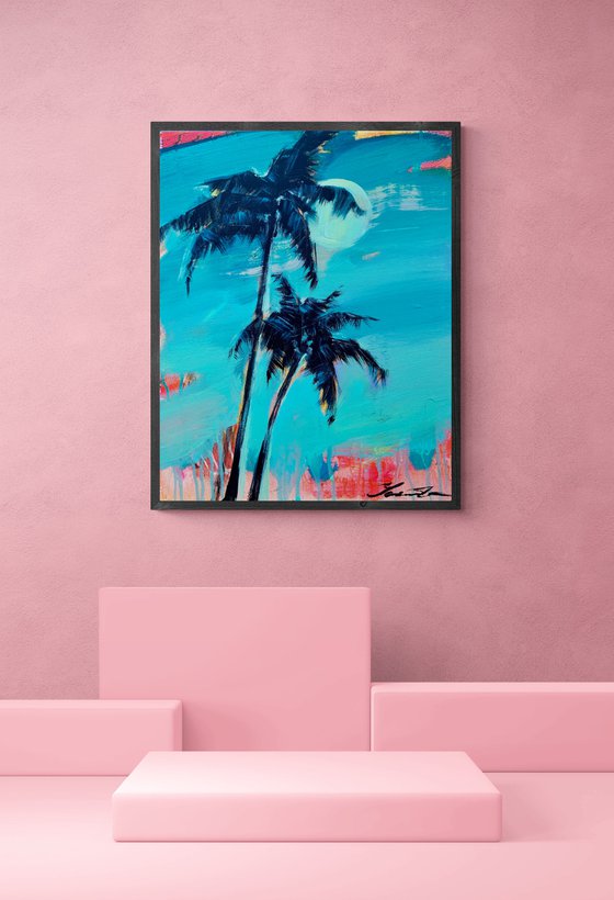 Expressionist painting - "Pink sun rays" - Pop Art - palms and sea - night seascape - 2022
