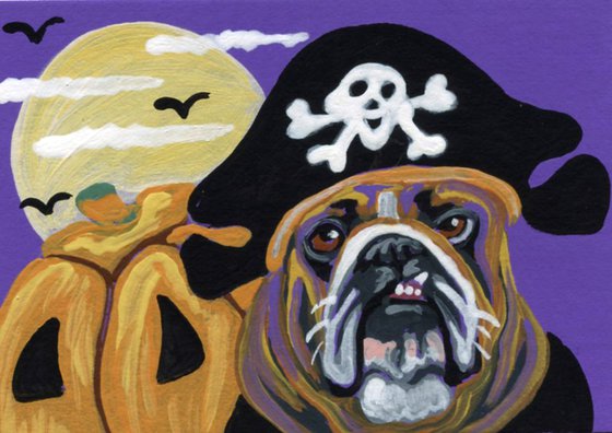 ACEO ATC Original Miniature Painting Halloween Tan English Bulldog Pirate Dog Art-Carla Smale