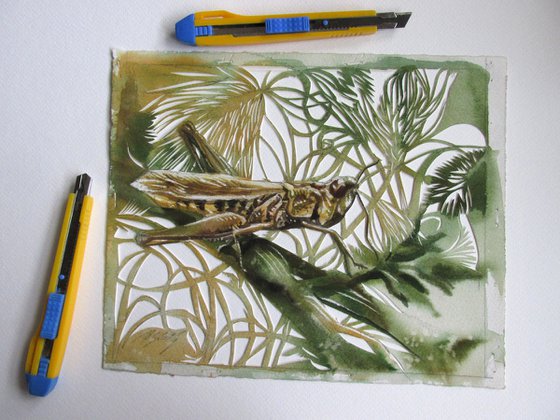 grasshopper watercolor paper cut