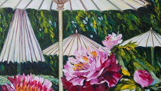 Japanese garden. Umbrellas for Peonies