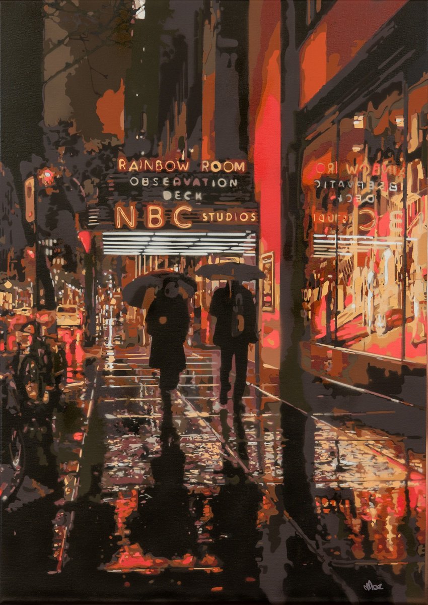 Impressionistic Cityscapes Painting By Marco Barberio, 20 X 28", New York In The Rain, Original Artwork