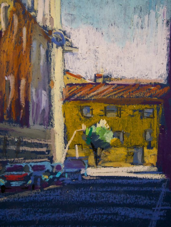 Madrid sunlight. Oil pastel painting.  Small interior decor travel  gift spain shadow original impression